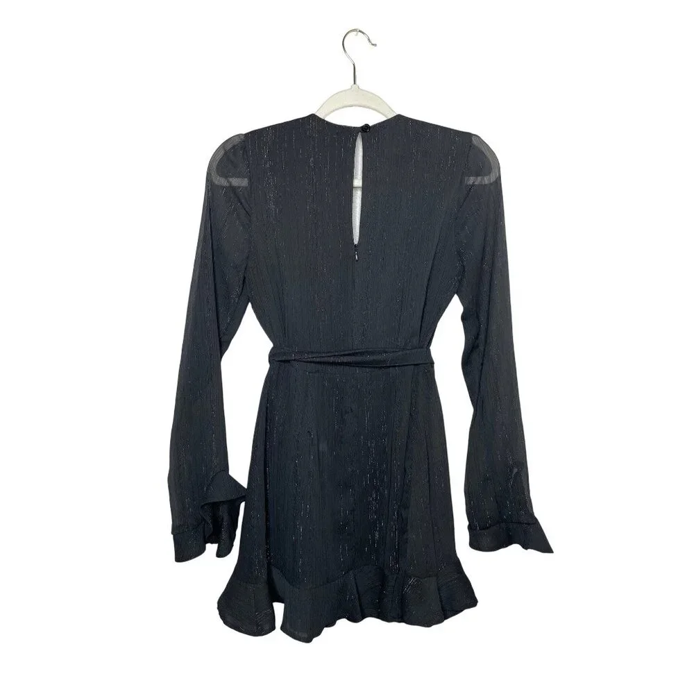 Donna Mizani Eliza Wrap Dress Size Small Mini Black Long Sleeve Ruffle Detail